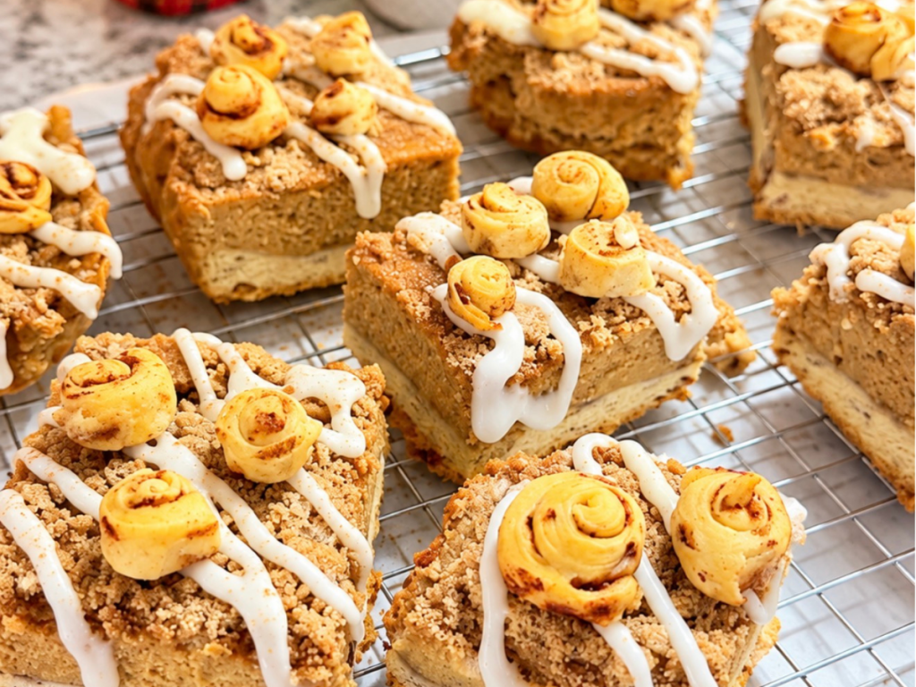 Finished Gingerbread Bars topped with icing and mini cinnamon rolls